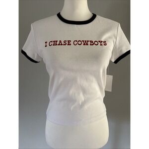 Women's White Ringer Cotton Knit Short Sleeve 'I Chase Cowboys' T-Shirt Top M